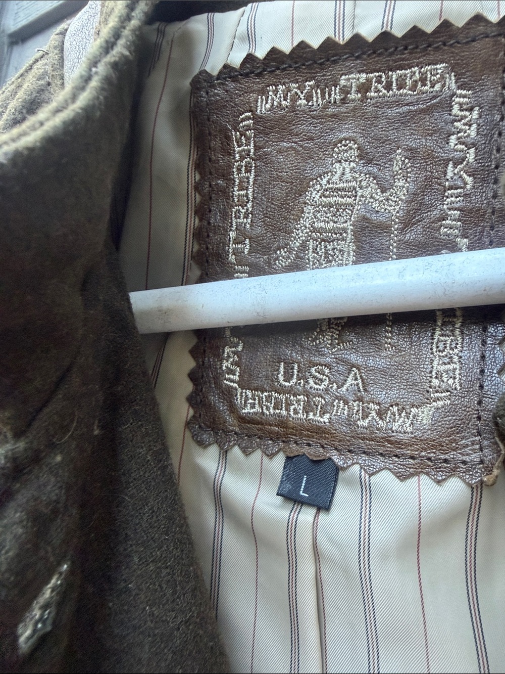 Military-Style Olive Green Button wool and leather Jacket by My Tribe size Large - Picture 9 of 15